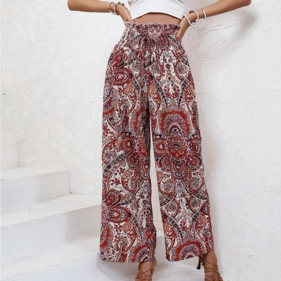 Boho Floral Paisley Print Wide Leg Palazzo Pants - Picture 4 of 7